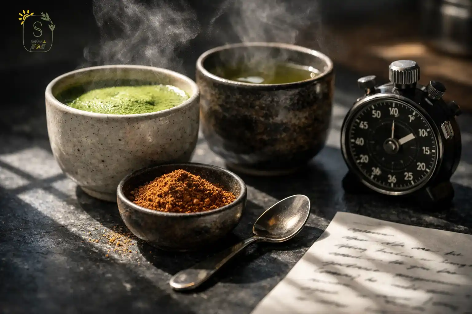 ماچا و چای سبز و گوارانا با زمان‌سنج