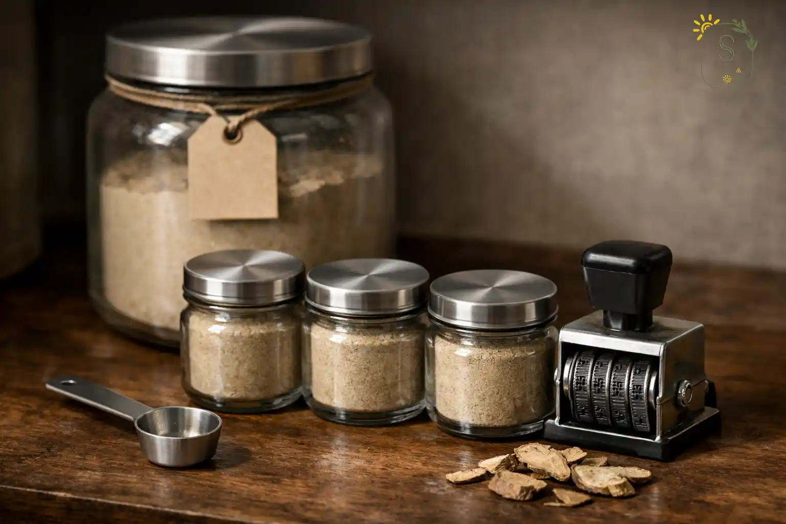 چند شیشه کوچک مصرف روزانه و ظرف اصلی گیاه خشک 