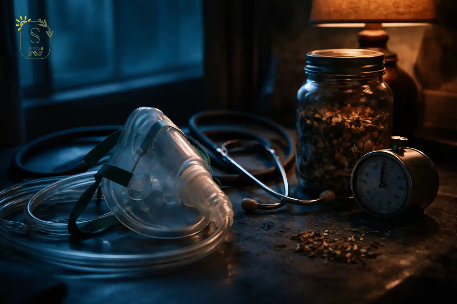 ماسک اکسیژن و گیاهان خشک کنار ابزار پزشکی