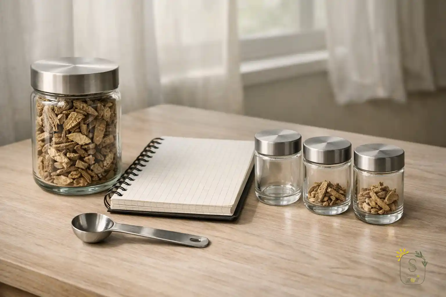 شیشه گیاه تک ماده و قاشق اندازه گیری