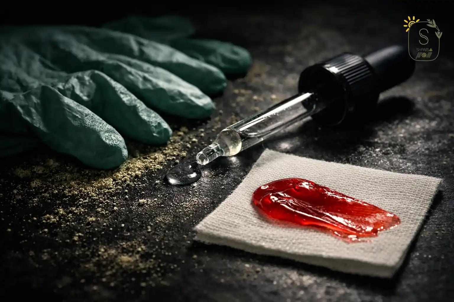 دستکش لاتکس و پودر گیاهی روی سطح تیره