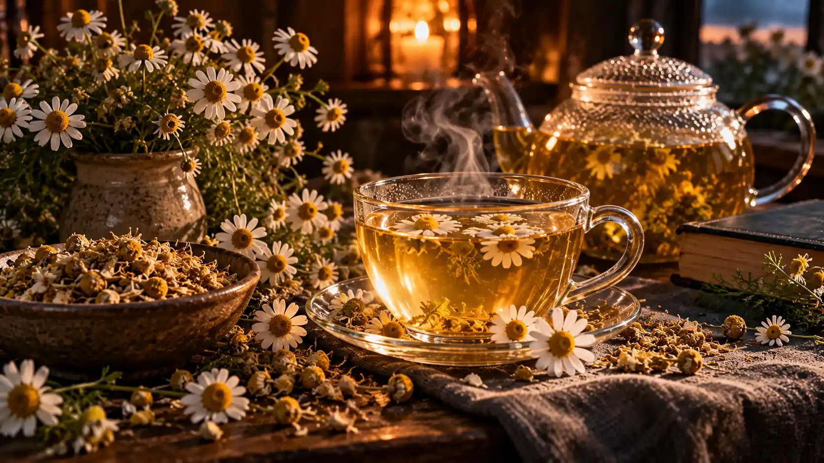 دمنوش بابونه گرم برای مصرف بعد از شام در کنار گل‌های خشک و تازه بابونه