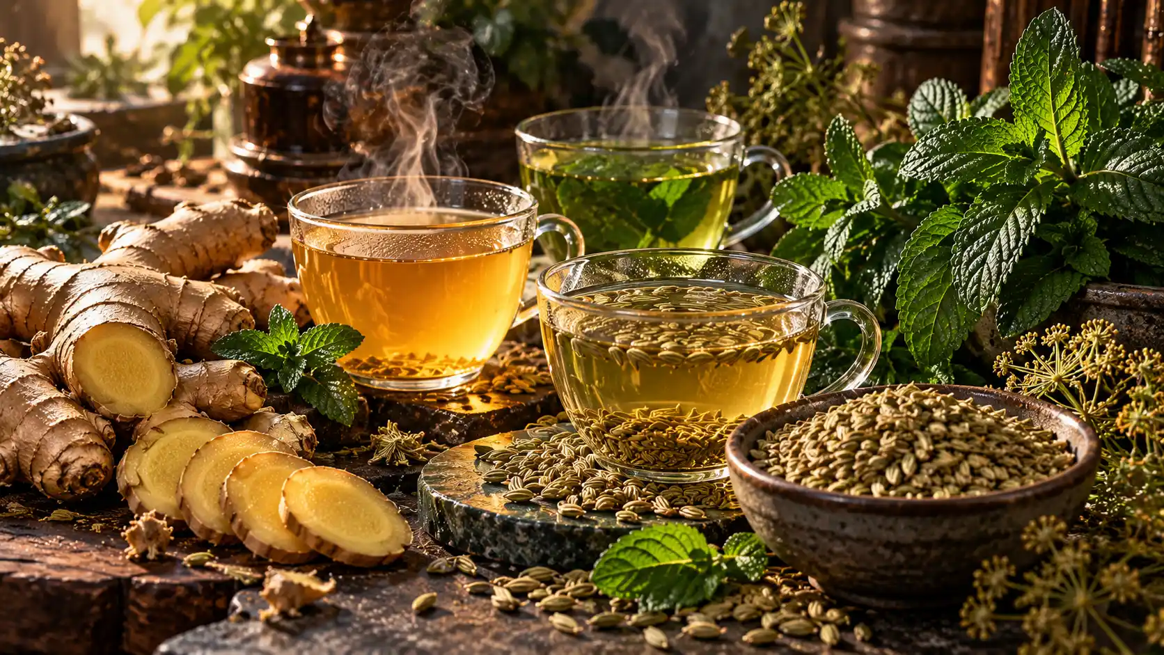 دمنوش زنجبیل و جینسینگ با ریشه جینسینگ و برش‌های تازه زنجبیل